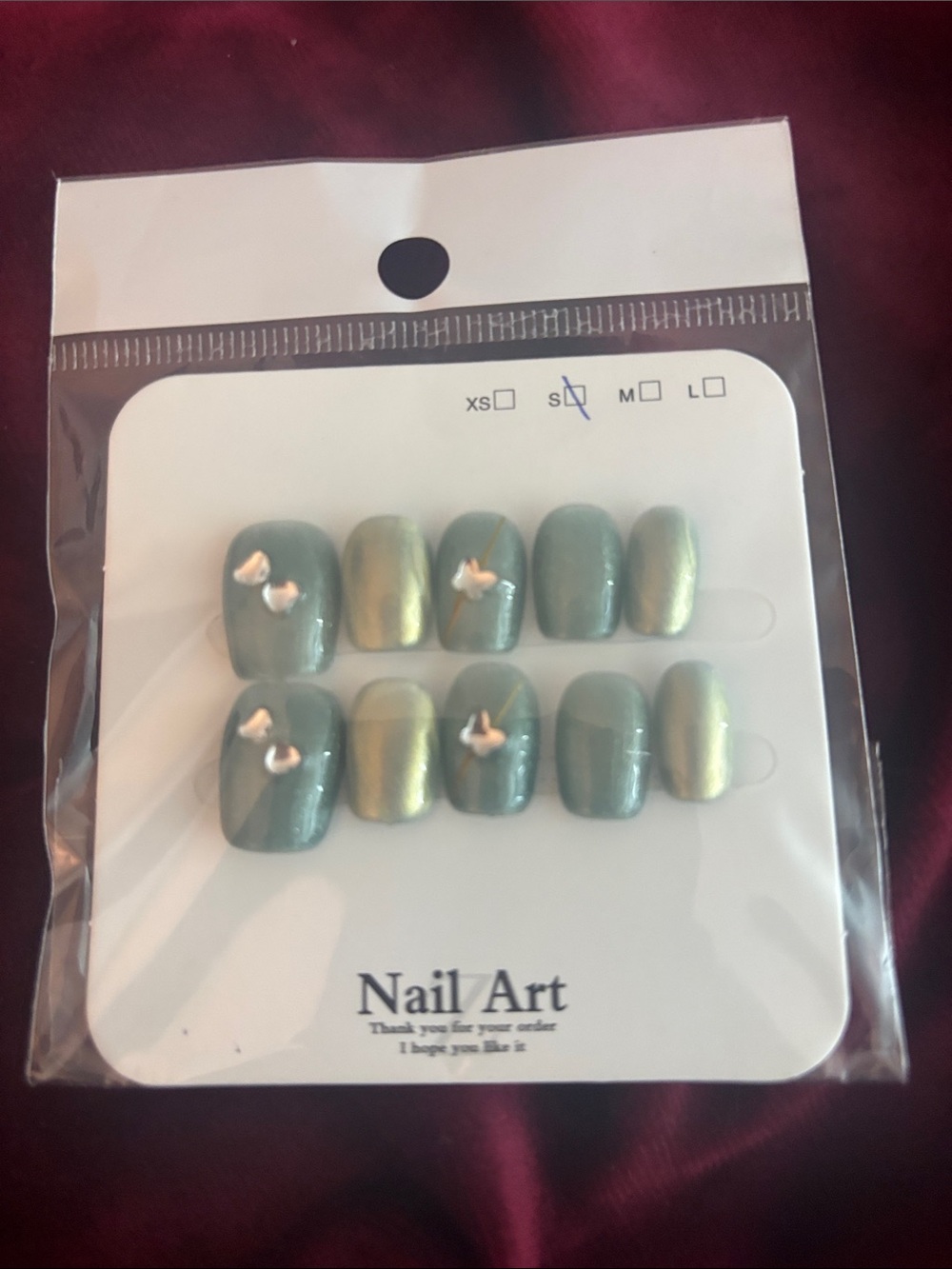 Green Metallic Press-On Nail Set with Heart Accent